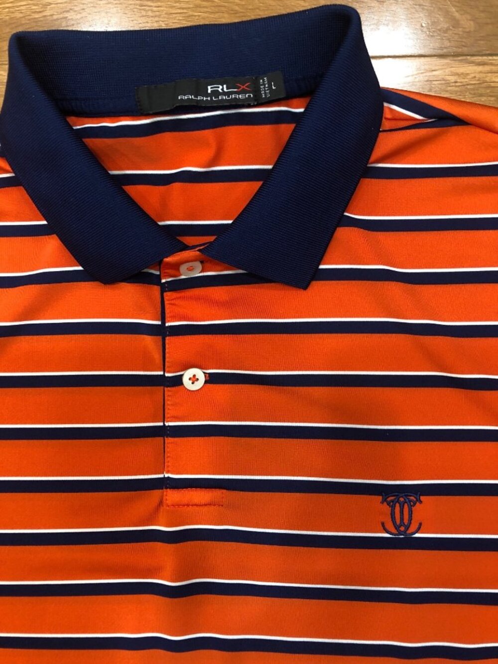 Ralph Lauren RLX Premium Performance Orange & Navy Short Sleeve Golf Shirt Sz L - Picture 2 of 9